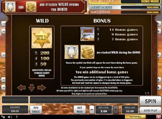 Wild symbol paytable and Bonus symbol paytable.  Three or more bonus symbols awards 7 to 14 Bonus Games.