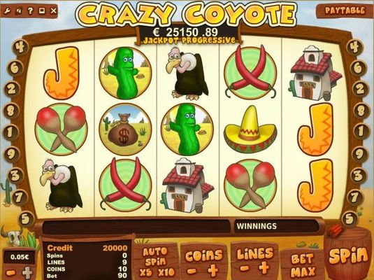A Mexican themed main game board featuring five reels and 9 paylines with a progressive jackpot max payout