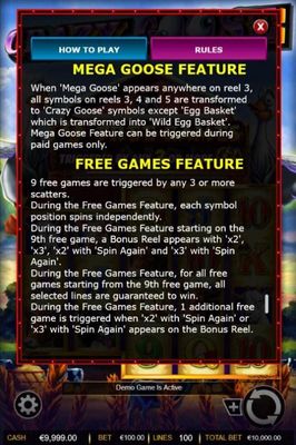 Mega Goose Feature and Free Games Feature Rules