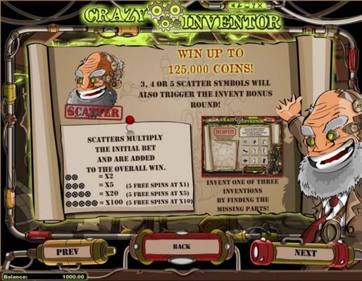 Scatter symbol paytable and rules. Win up to 125,000 coins! 3 or more scatter symbols will also trigger the Invent Bonus.