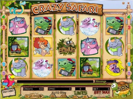 An animal safari themed main game board featuring five reels and 5 paylines with a $1,000,000 max payout.
