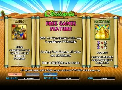 paytable for wild, scatter and free games feature