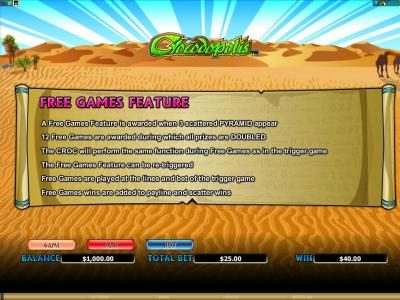 a free games feature is awarded when 3 scattered pyramid symbols appear