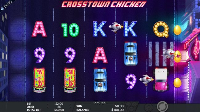 The chickens will use the crosswalk symbols to advance across the reels. The first chicken to reach the casino, awards a multiplier and a bonus game.