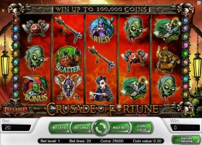 main game board featuring five reels, twenty paylines and a chance to win up to 300,000 coins