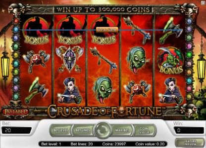 Three or more bonus symbols on a winning payline awards the bonus feature game