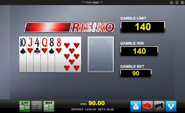 Risiko Gamble Feature - choose the color of the next card drawn. You can bet on red or black with the corresponding buttons.