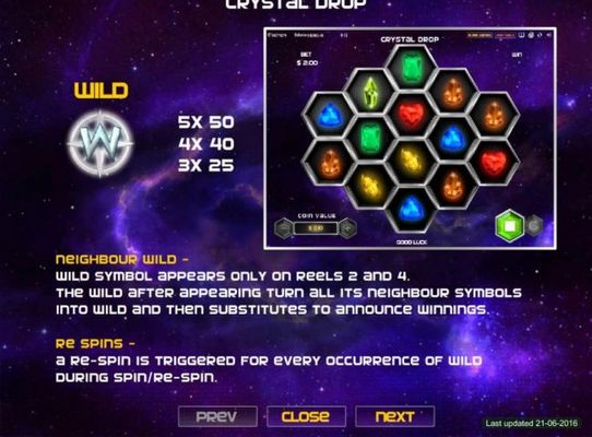 Wild symbol paytable, Neighbor Wild Rules and Re Spins Rules.