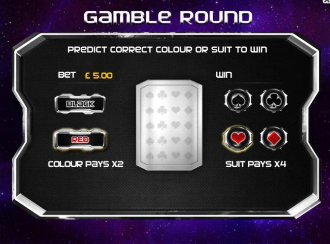 Gamble feature game baord. Select the correct color or suit of the next card to be revealed for a chance to increase your winnings.