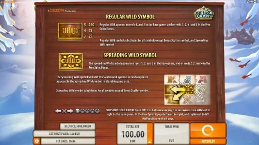 Regular Wild Symbol Paytable and Spreading Wild Symbol Game Rules.