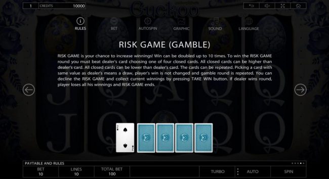Rick Game (Gamble) is your chance to increase winnings! Win can be doubled up to 10 times. To win the Risk Game round you must beat Dealers card by choosing one of four closed cards.