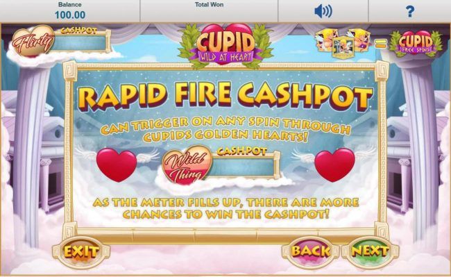 Rapid Fire Cashpot - Can trigger on any spin through cupids golden hearts! As the meter fills up, there are more chances to win the cashpot!