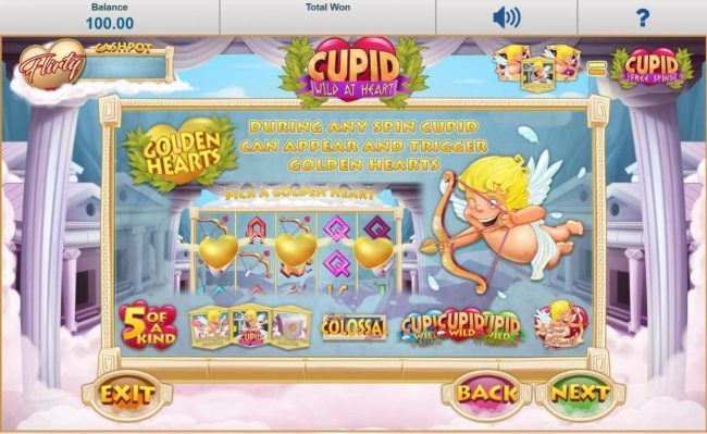 Golden Hearts - During any spin cupid can appear and trigger Golden hearts. Pick one to reveal a bonus prize.