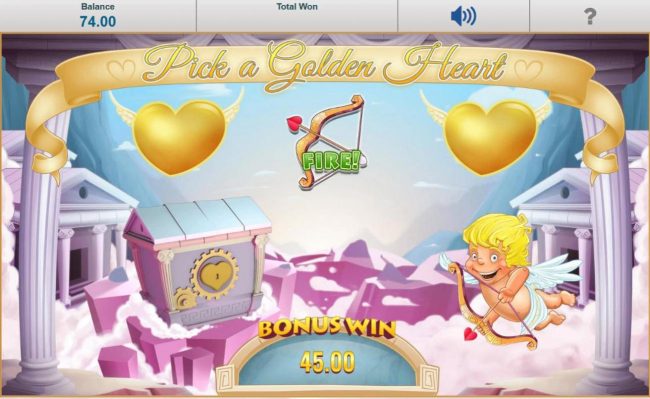 Select 1 of 3 golden hearts hearts. When a bow and arrow is revealed Cupid will shoot his arrow into the treasure chest, thus unlocking it and revealing a cash prize.