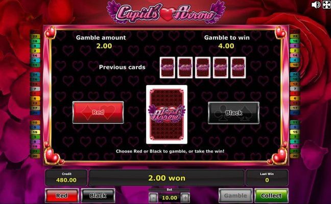 Gamble feature game board available after every winning spin. Select the correct color of the next card drawn for a chance to increase your winnings.