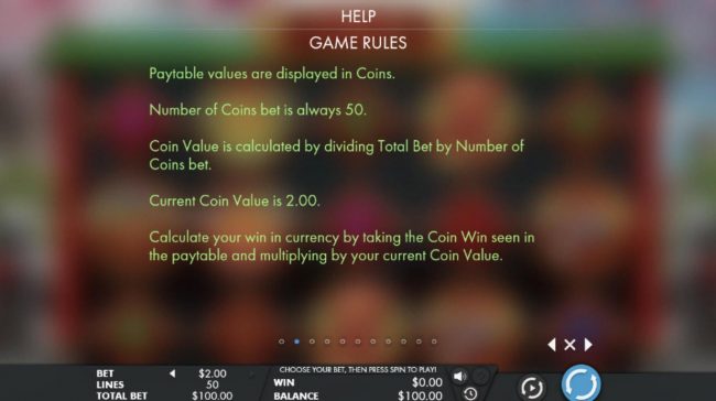 Paytable values are displayed in coins. Number of coins bet is always 50