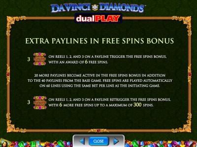 Extra Paylines in free spins bonus. 20 or more paylines become active in the free spins bonus in addition to the 40 paylines from the base game.