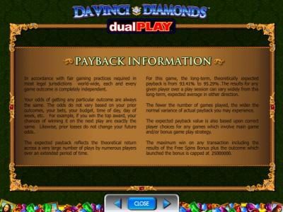 Payback information for this game. The theoretical payback for this game is 93.41% to 95.29%