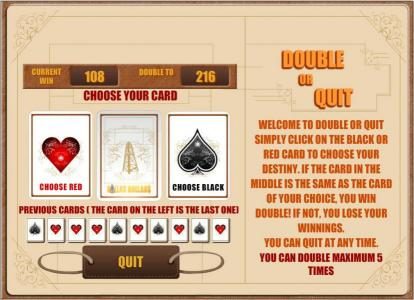 double or quit gamble feature - choose a colour for a chance to increase your winnings