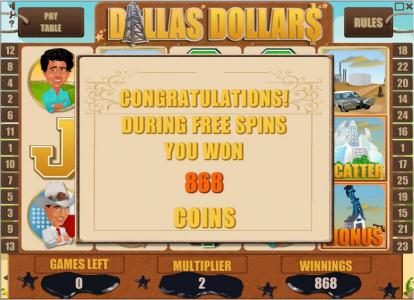 the free spins feature pays out an 868 coin jackpot