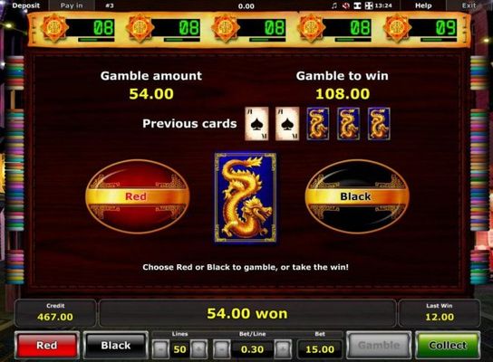 Gamble Feature - To gamble any win press Gamble then select Red or Black.