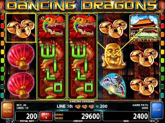 Expanded wilds on reels 2 and 3 trigger multiple winning paylines leading to a 2400 coins big win.