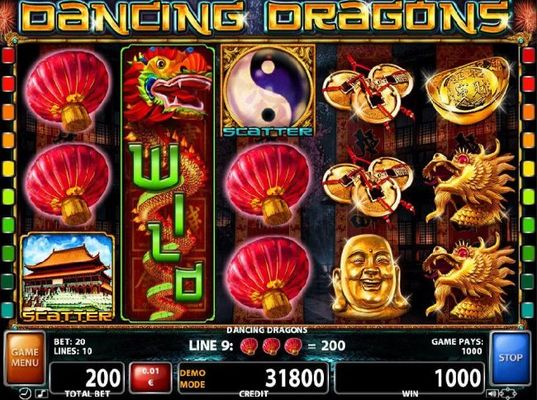 A pair of Red Lantern winning payline pays out a 1000 coin jackpot.