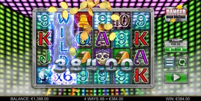 A wild multiplier triggers a 384.00 big win.