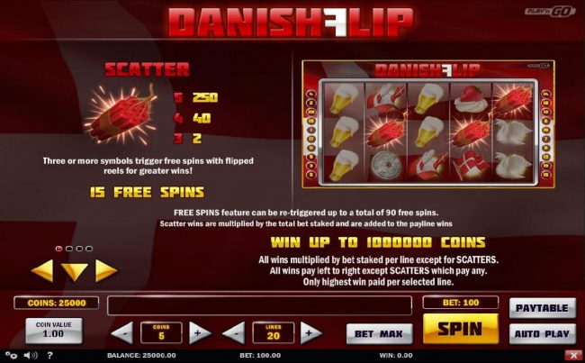 Scatter symbol paytable. Three or more dynamite scatter symbols trigger free spins with flipped reels for greater wins! Win up to 1,000,000 coins!