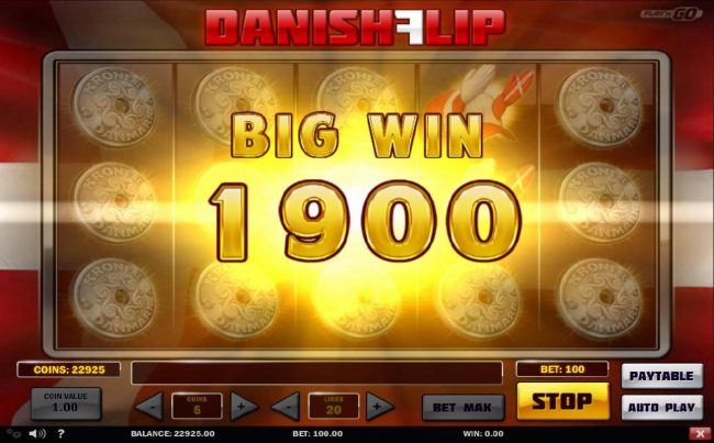 Multiple winning paylines triggers a 1900 coin big win!