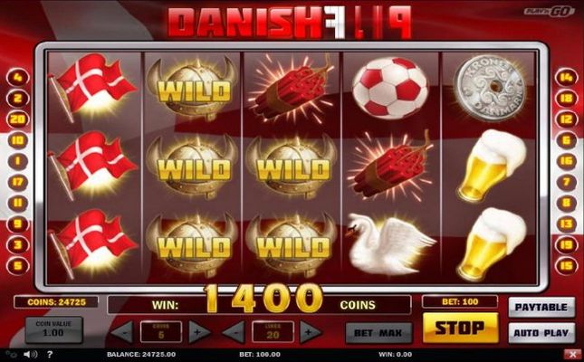 Wild symbols combine with flag symbols on reels 1, 2 and 3 for a 1400 coin jackpot.