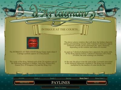 Intrigue At The Court bonus game rules