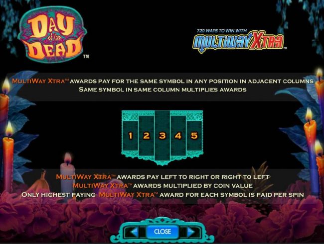 Multiways Xtra wins pay for same symbol in any position in adjacent columns, same symbol in same column multiplies awards.