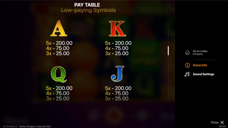 Divine Dragon Hold and Win :: Paytable - Low Value Symbols