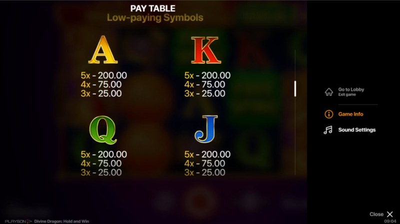 Paytable - Low Value Symbols