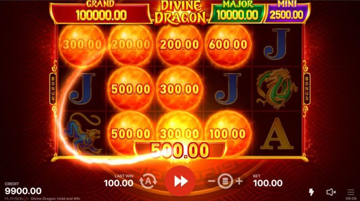 Divine Dragon Hold and Win :: Bonus play ends when no more money symbols land on the reels