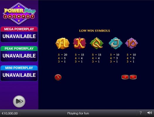 Paytable - Low Value Symbols