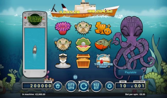An undersea adventure themed main game board featuring nine reels and 1 payline with a progressive jackpot  max payout