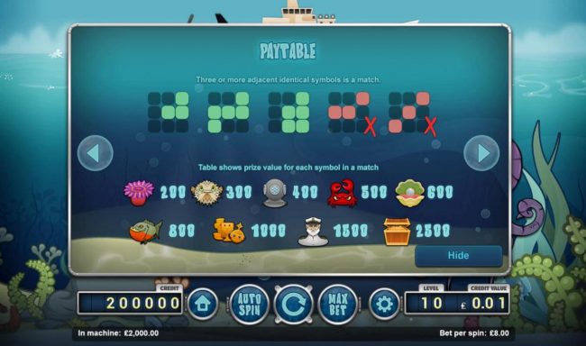 Slot game symbols paytable featuring nautical universe of fish and ships inspired icons.