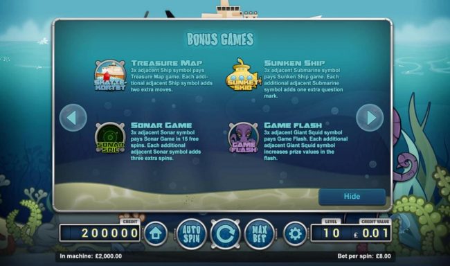 Bonus Games - Treasure Map, Sunken Ship, Sonar Game, and Glame Flash.