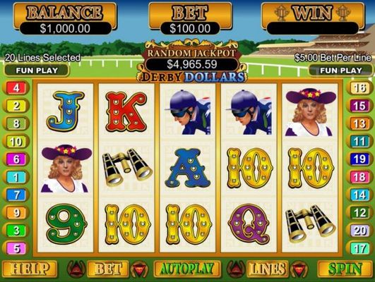 A horse racing themed main game board featuring five reels and 20 paylines with a $250,000 max payout