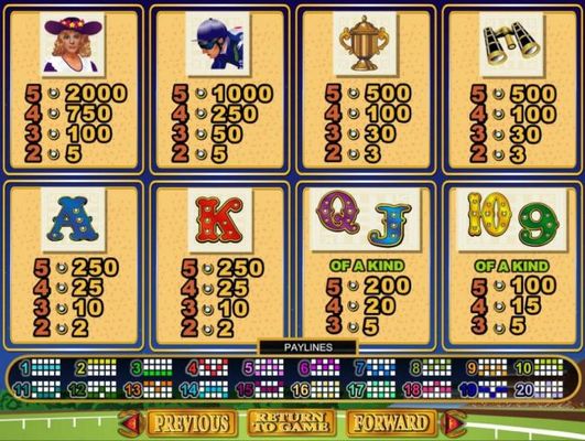 Slot game symbols paytable featuring horse racing inspired icons.