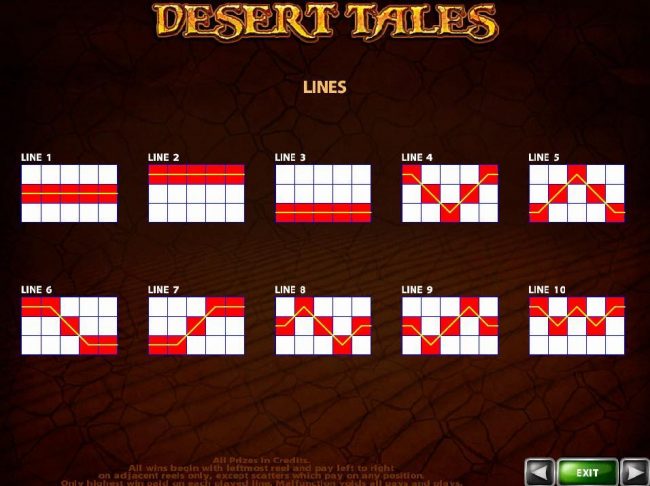 Payline Diagrams 1-10. All wins begin with the leftmost reel and pay left to right on adjacent reels only, except scatters which pay on any position.