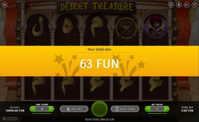 Player is awarded 63 coin for free spins play.