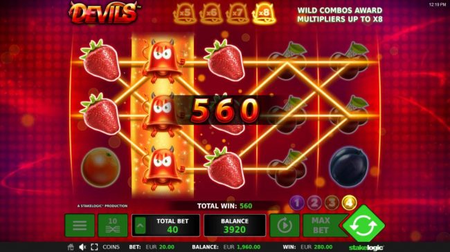 Stacked wilds triggers multiple winning strawberry combinations leading to a 560 coin payout.