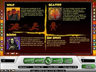 wild, scatter, bonus and sin spins payout table