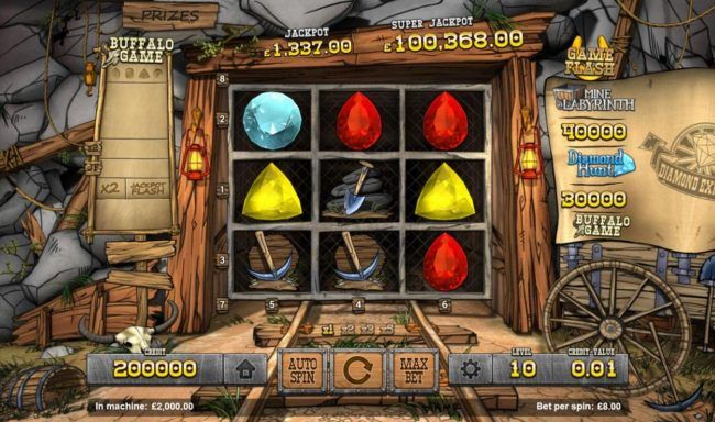 A diamond mining main game board featuring three reels and 8 paylines with a $150,000 max payout