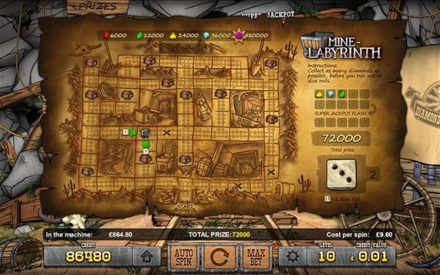 Mine Labyrinth Bonus Game - Collect as many diamonds as possible before you run out of dice rolls.