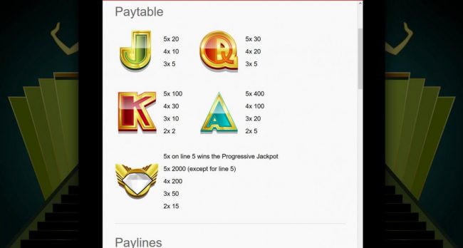 Slot game symbols paytable.