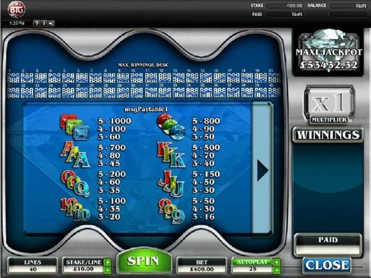 Slot game symbols paytable and Payline Diagrams 1-40